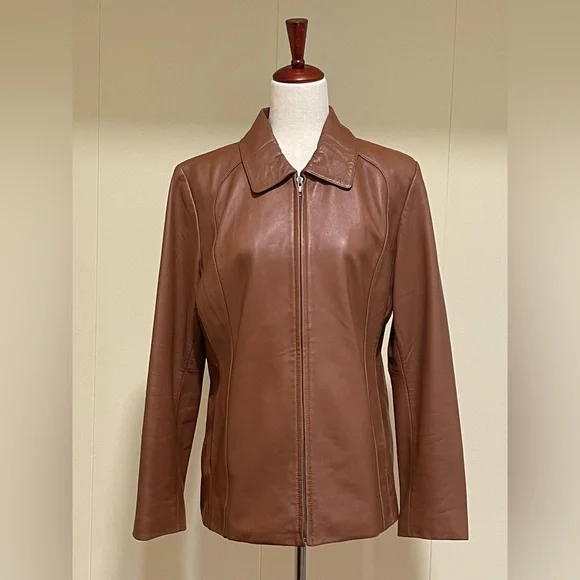 Prague Cropped Leather Jacket Cognac Brown size L - Picture 3 of 6